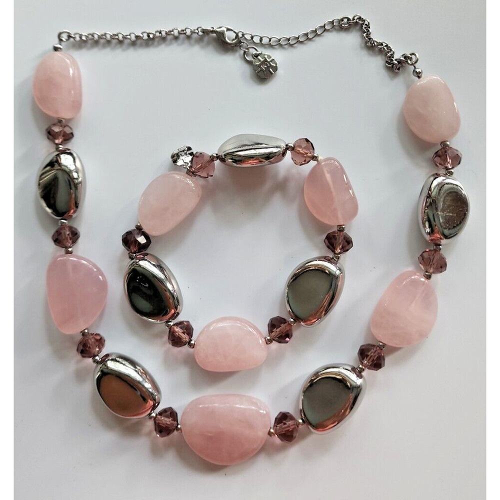 Signed Monet Pink Stone Purple Bead Silver Tone Bracelet and‎ Necklace SKU31